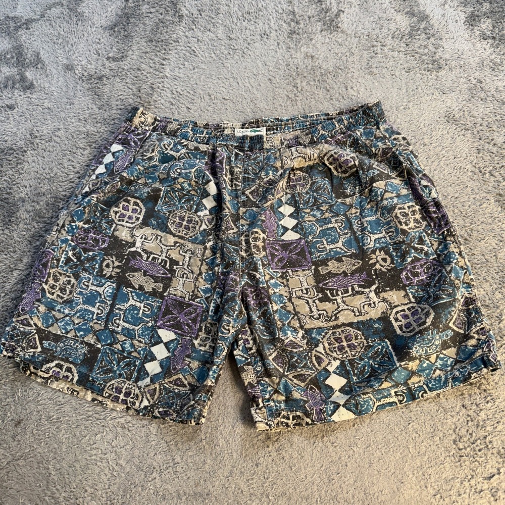 Chemise Lacoste Mens Vintage 90s Tribal Fish Geometric Cotton Shorts M Blue